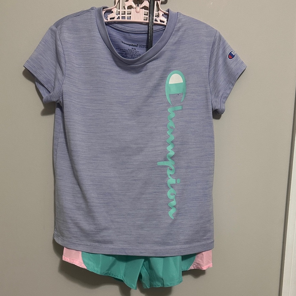 Champion Kids Heathered Purple Sports Tech Tee with Mint Logo sz. 5/6 EUC